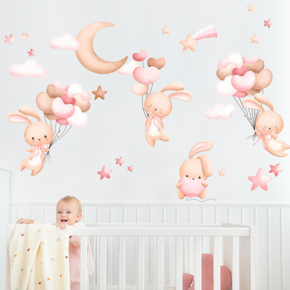 Itseliimautuva tapetti vauvoille - pupuja vaaleanpunaisilla ilmapalloilla